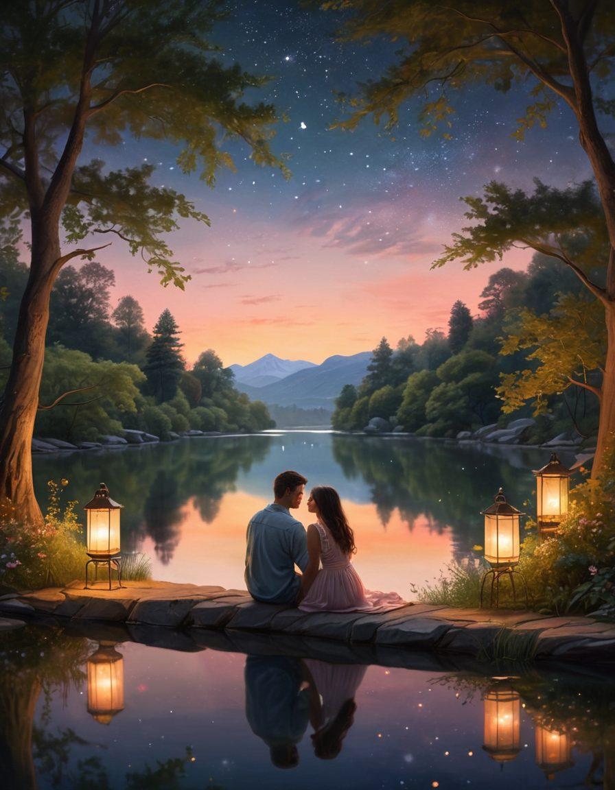A warm, romantic scene featuring a couple sharing a tender moment under a starlit sky, surrounded by soft glowing lanterns. The backdrop includes a serene lake reflecting the moonlight and lush greenery, symbolizing intimacy and connection. Include subtle elements like intertwined hands and gentle smiles to convey deep emotions. The color palette should be soft pastels with warm hues. super-realistic. vibrant colors. 3D.