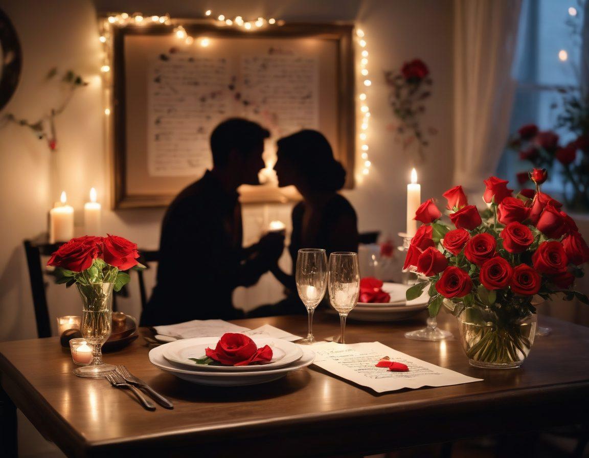 A cozy candlelit dinner setting for two, featuring red roses, dim lighting, and soft romantic music notes dancing in the air. In the background, silhouettes of a couple sharing a tender moment, framed by twinkling fairy lights. The table adorned with elegant dinnerware and a bouquet of love notes. super-realistic. warm tones. soft focus.